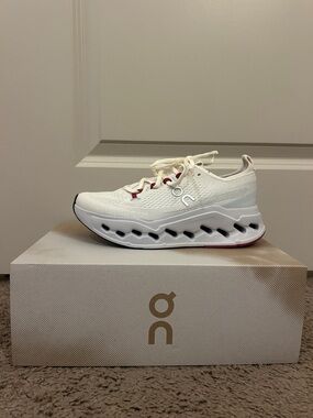 On Running White and Red Cloudsurfer Max Running Shoes